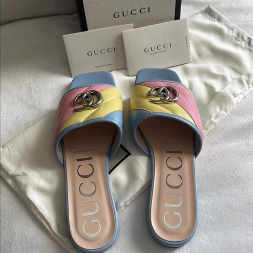 GUCCI Pastel Nappa Double G Matelasse Leather Sandals 37.5